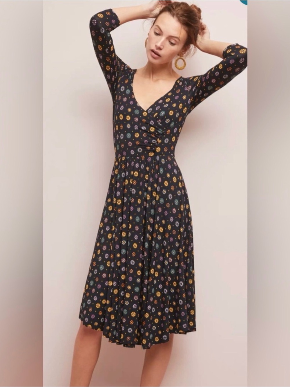 Anthropologie Maeve Floral Dress Women's Size XS Black Rayon 3/4 Sleeve